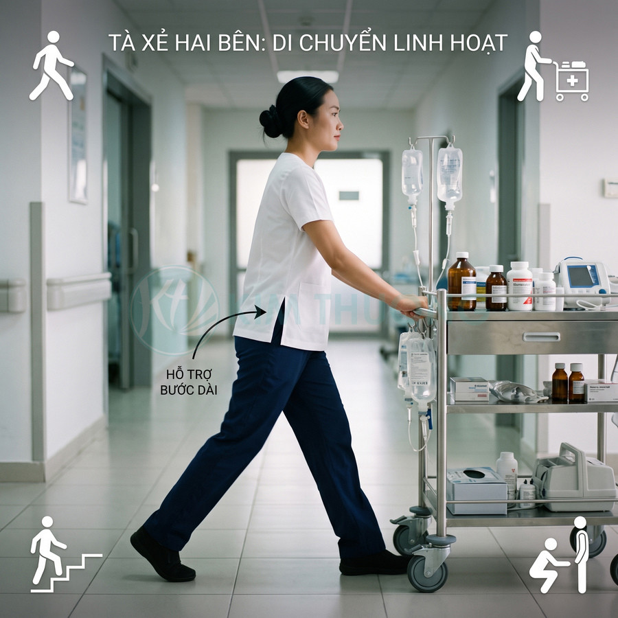 Điều dưỡng mặc đồng phục y tá có tà xẻ hai bên đẩy xe y tế trong hành lang bệnh viện